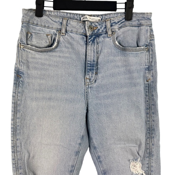 ZARA Jeans Womens Size 6 High Waist Distressed Light Wash Denim Raw Hem Straight - Picture 2 of 7